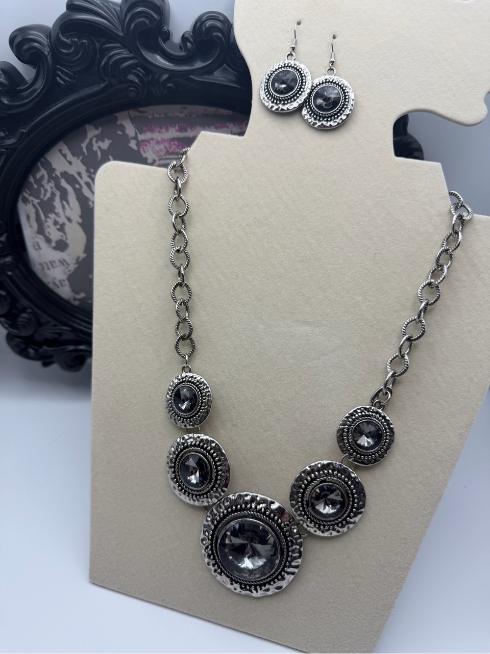Silver-Tone Black Crystal Statement Necklace & Earrings Set